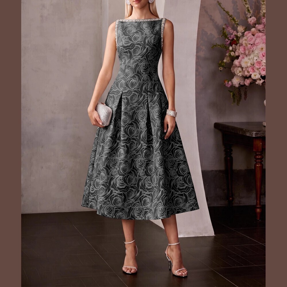 Black Rose Jacquard Rhinestone Trim Boat Neck Pleated Midi Dress